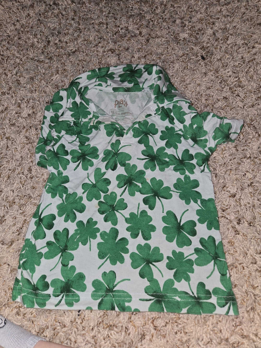 Little Sleepies White Polo Shirt with Green Clover Print